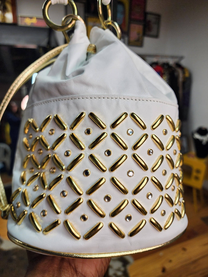 The "Diamond District" White Genuine Leather Vintage Bucket Handbag