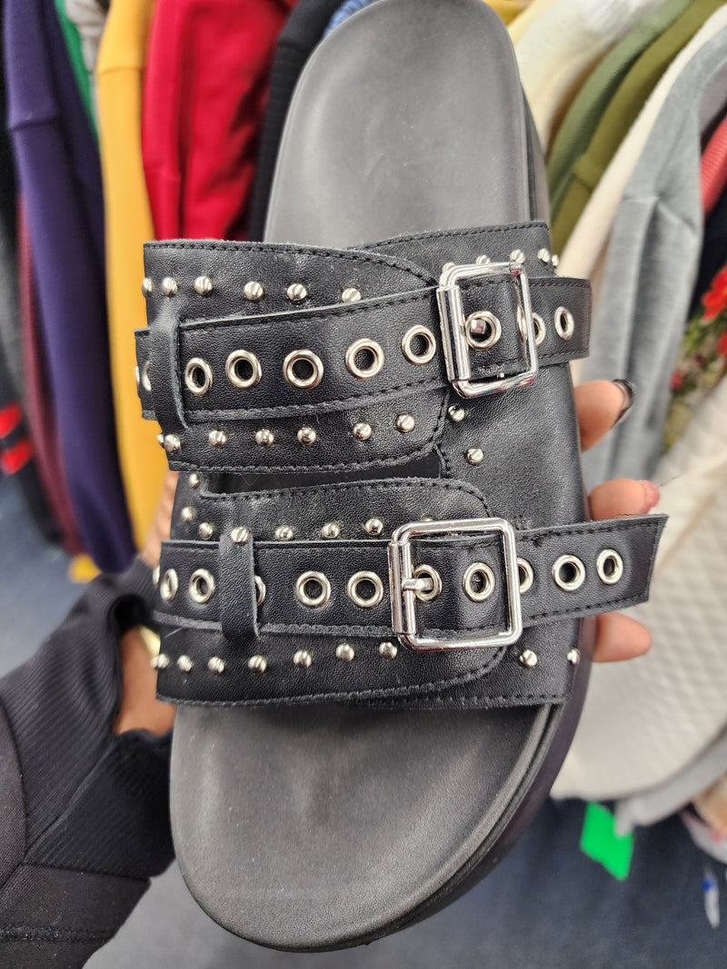 The "Bad Gyal" Black Studded Platform Slide