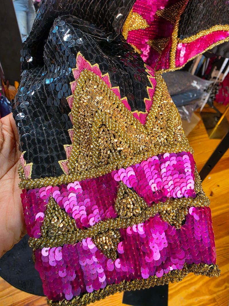 Crown & Culture - Vintage 80s Hot Pink & Gold Sequin Geometric Bolero Blazer