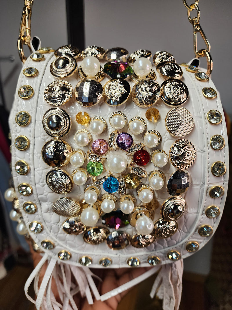 The "Dimepiece" White Croc Handbag With Rhinestone Detail