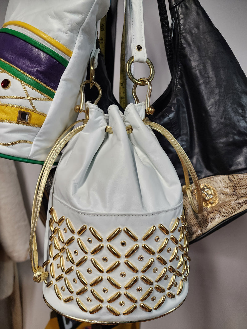 The "Diamond District" White Genuine Leather Vintage Bucket Handbag