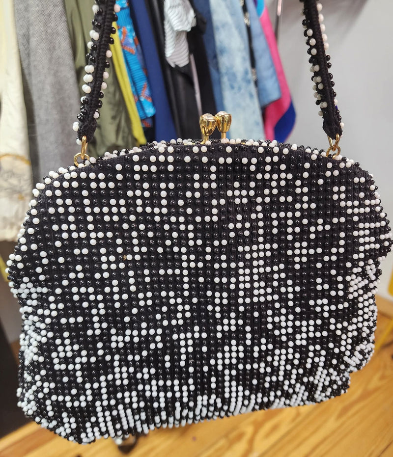 The "Midnight Mosaic" Black & White Vintage 50's/60's Lumured Caviar Beadette Evening Frame Bag