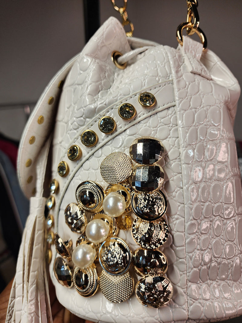 The "Dimepiece" White Croc Handbag With Rhinestone Detail