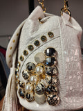 The "Dimepiece" White Croc Handbag With Rhinestone Detail