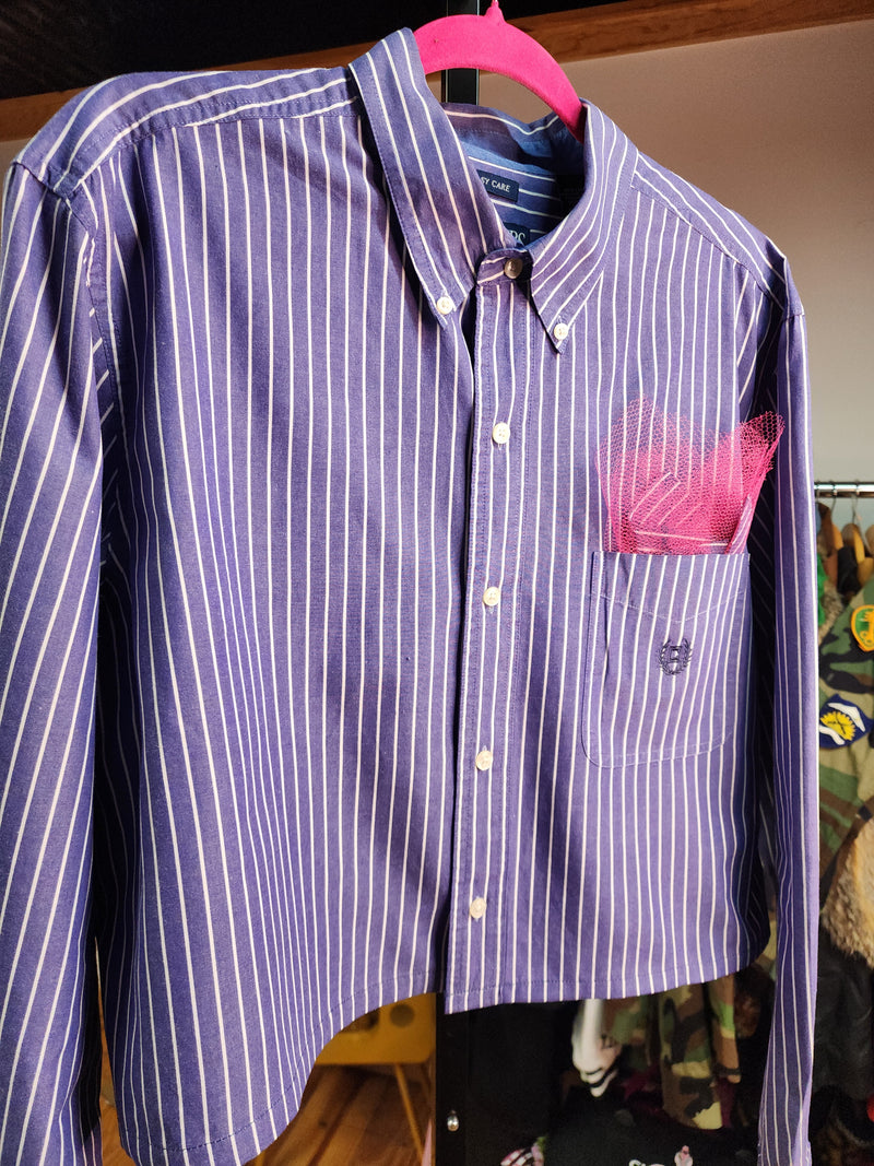 Pocket Full Of Pretty - Reworked Blue Striped Cropped Menswear Button Down Shirt