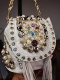 The "Dimepiece" White Croc Handbag With Rhinestone Detail