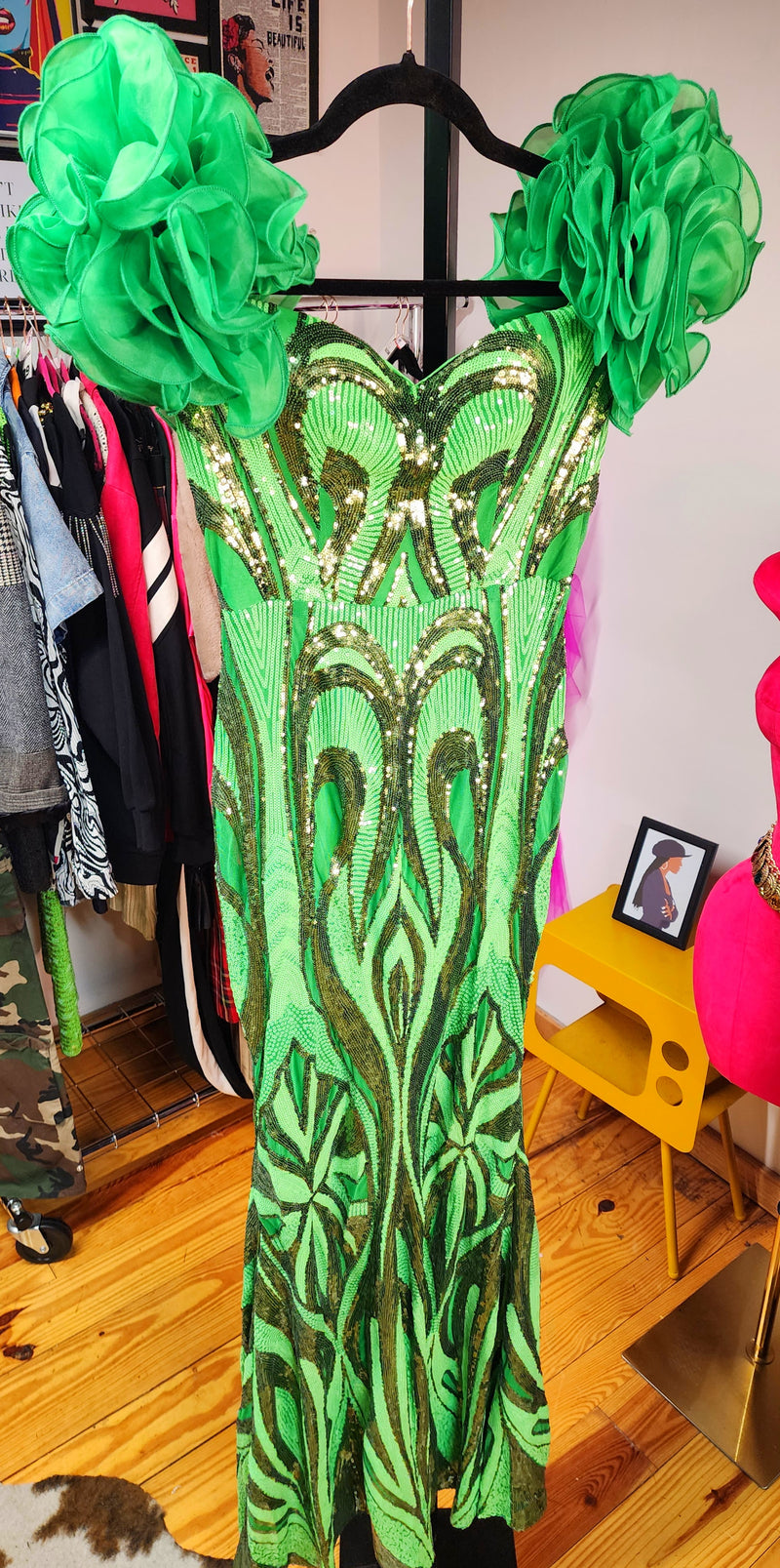 The "Goddess Of Glam" Green Sequin Evening Dress, Approx PTP 16in, waist 14