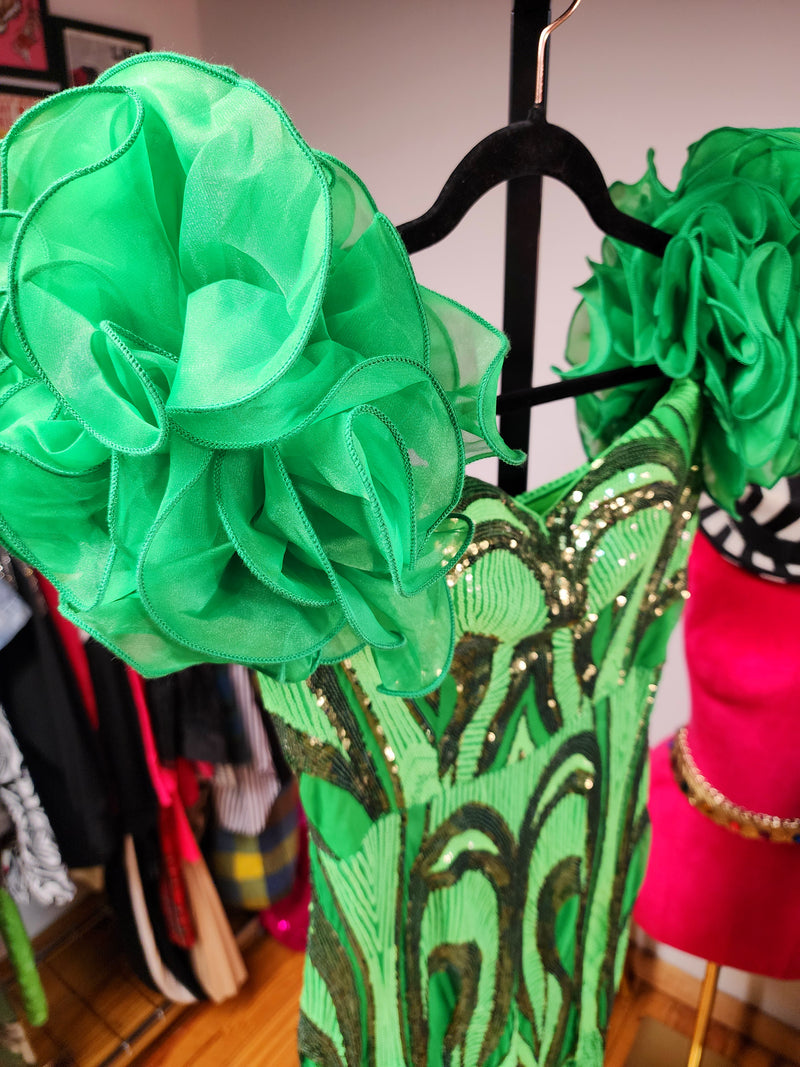 The "Goddess Of Glam" Green Sequin Evening Dress, Approx PTP 16in, waist 14