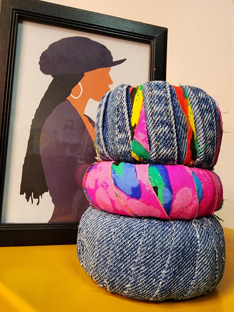 The "Ex-Factor" Distressed African Print & Denim Bangle Stack